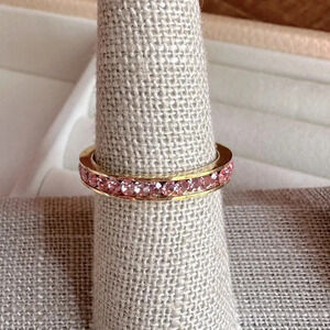 Pink Tourmaline Colored CZ 18k Gold Stainless Steel Band Ring October Birthstone